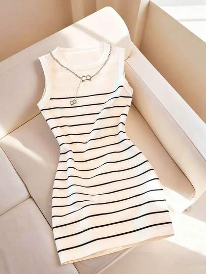 Resyla Vestido casual de verano/primavera de nueva llegada con estampado de rayas y ajustado sin mangas