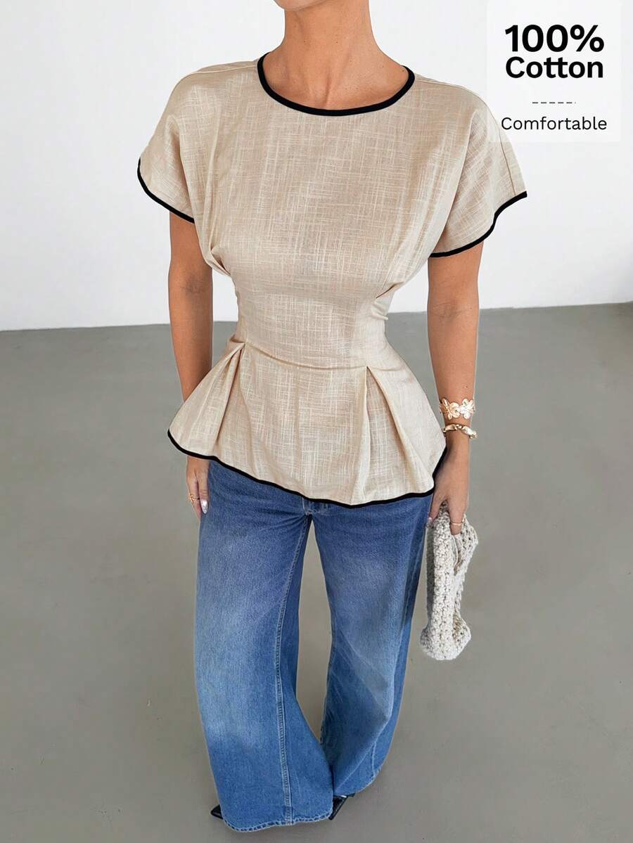 Siren Gaze 女士圆领褶皱时尚百搭通勤短袖衬衫 - 杏色 - 查看 1