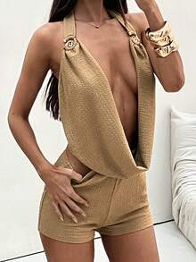 Aloruh Mono corto con cuello drapeado y hebilla de metal sólido caqui para mujer, adecuado para festivales de música, fiestas, galas, citas, vacaciones, playas - Caqui - Ver 4