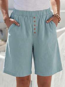 Faunlyn Women's Summer Solid Color Elastic Waist Pocket Casual Shorts - Green - View 5