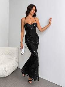 SHEIN Tall Đầm dạ hội dài thướt tha, dây mảnh, dáng đuôi cá, màu đen, thích hợp cho tiệc tùng, sự kiện trang trọng, dạ tiệc, ngày lễ, Halloween, Giáng sinh, mùa đông, trang phục mùa thu, trang phục Halloween, đầm dự tiệc Giáng sinh, đầm năm mới, đầm thanh lịch, đầm dự đám cưới, đầm đính sequin, đầm đen. - màu đen - Xem 9