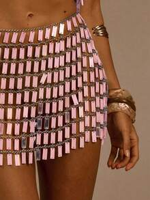 MUSERA Chain Mirrored Mini Panel Mini Fastening Skirt Ibiza, Holiday, Summer, Vacation, Beach Birthday  Party Sparkly - Pink - View 5