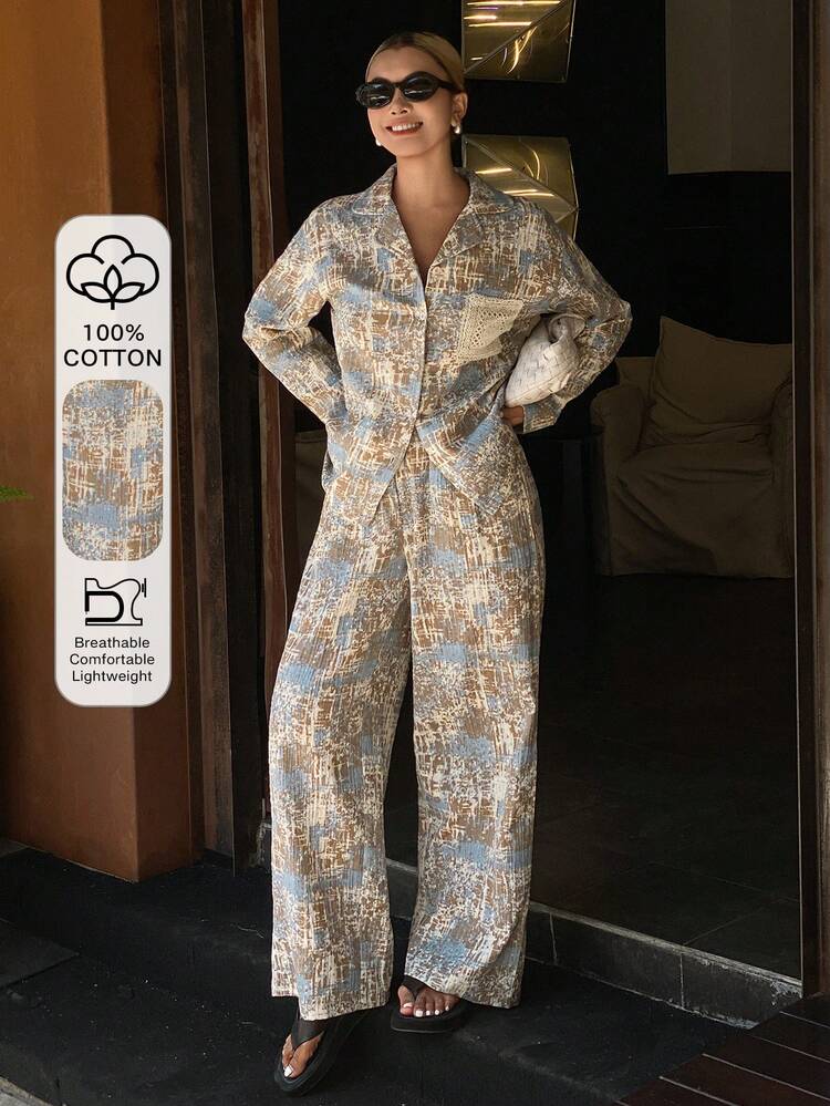 2pcs/Set Women Pattern Allover Print Long Sleeve Pajama Set, Spring