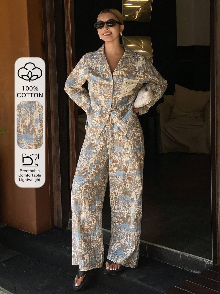 DAZY Set de 2 piezas de pijama de manga larga con estampado integral para mujer, primavera - Azul - Ver 1