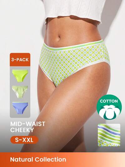 3er-Pack Weiche Baumwolle Mittlere Taille Cheeky Damen Unterwäsche Set