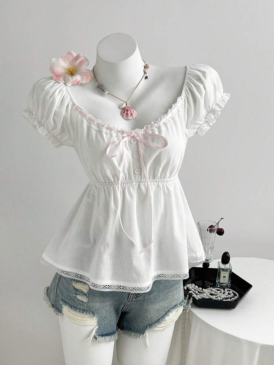 Elamini Women's Cotton Petal Sleeve Lace Trim A-Line Smock Shirt, Spring/Summer - White - View 1