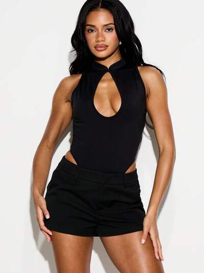 KIZN Body da donna con collo alto, apertura a serratura, senza maniche, con dettaglio a fiocco, nero, aderente, in tessuto elasticizzato, adatto per occasioni casual e serali