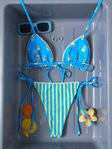 Swim Mod Women's Casual Vacation Striped Halter Bikini Two Pieces Swimwear - Multicolor - View 4