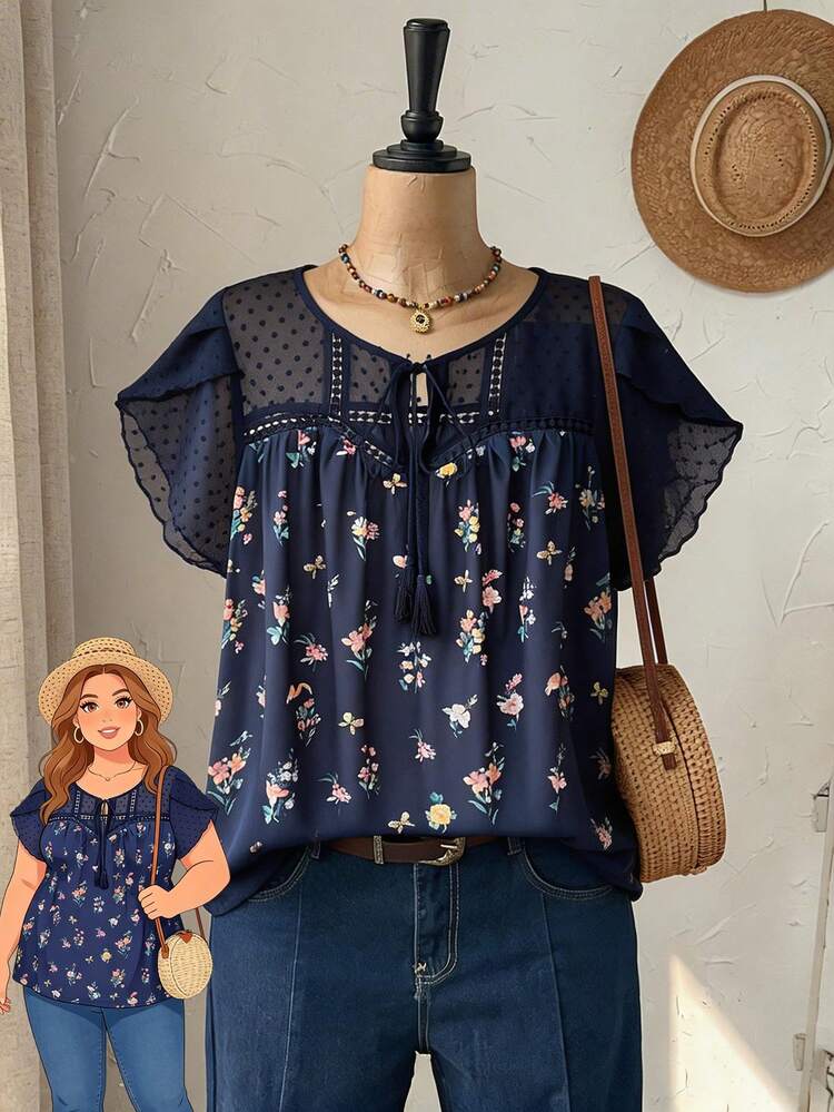 Plus Size Women's Summer Casual Vacation Country Loose Fit Navy Blue Floral Print Petal Sleeve Round Neck Short Sleeve Top, Summer Holiday, Spring Break , Vacation Women , Holiday For Women, Going Out, 2026 New , Simple And Fashionable For Everyday Wear, Casual Vacation Boho Top, Ditsy Floral Top, Suitable For Summer, Vacation, Commute, Daily Wear, Summer Top