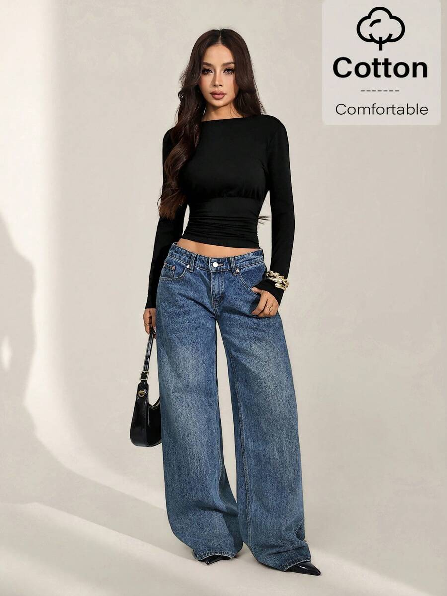 SHEIN PETITE 黑色深V露背长袖上衣，冬季款
