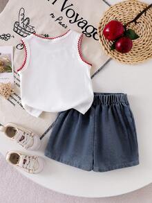 Genkimix Kids Infant/Toddler Girls' Ivory Sleeveless Cherry Blossom Embroidered T-Shirt Vest Top And Denim Embroidered Set, Unique Design Summer Fashion Outfit - White - View 2