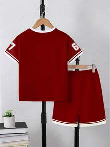 2pcs/Set Tween Boys' Casual Creative Graphic 67 Striped Red & White T-Shirt And Shorts Set, Comfortable Daily Wear For Spring, Summer & Autumn - Multicolor - View 2