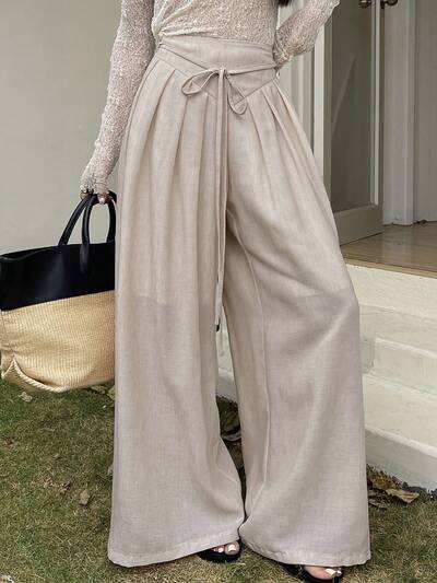 Calça Casual Feminina de Cor Sólida, Cintura Elástica, Plissada, Amarração, Perna Solta, Primavera/Verão