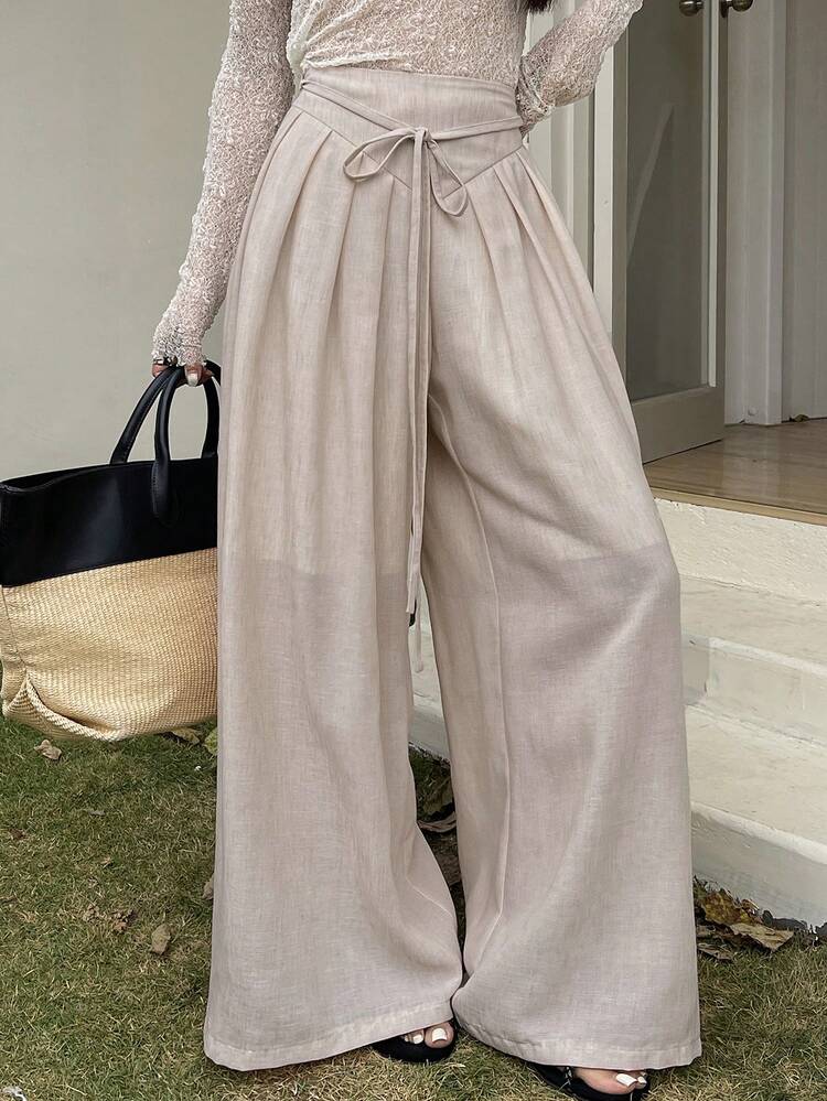 Women's Casual Solid Color Elastic Waist Pleated Tie Loose Leg Pants, Spring/Summer