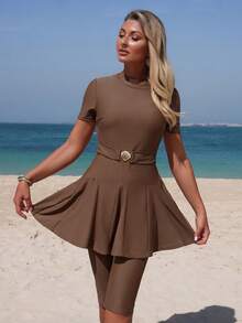 Swim Mulvari High-End Elegant Solid Color Shell Design Bikini Swimwear, Spring/Summer Conservative Beach Outfit For Women - Brown - View 3