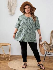 SHEIN CURVE+ Curve 尺码 US22 音乐节、海滨度假、波西米亚风女式印花系带领插肩袖衬衫，春/冬款 - 綠色 - 查看 5