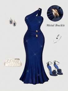 SHEIN MOD Große Größen Elegantes marineblaues Kleid mit einem Schulterausschnitt für Damen, Partykleid, elegantes Kleid mit einem Schulterausschnitt, königsblauer Abendkleid, elegante und klassische blaue Kleider, Weihnachtskostüm, Sommerkleid, Winterkleidung für Damen, Silvesterkleid, Partykleid, luxuriöse Abendkleider für Damen - marineblau - Übersicht 7