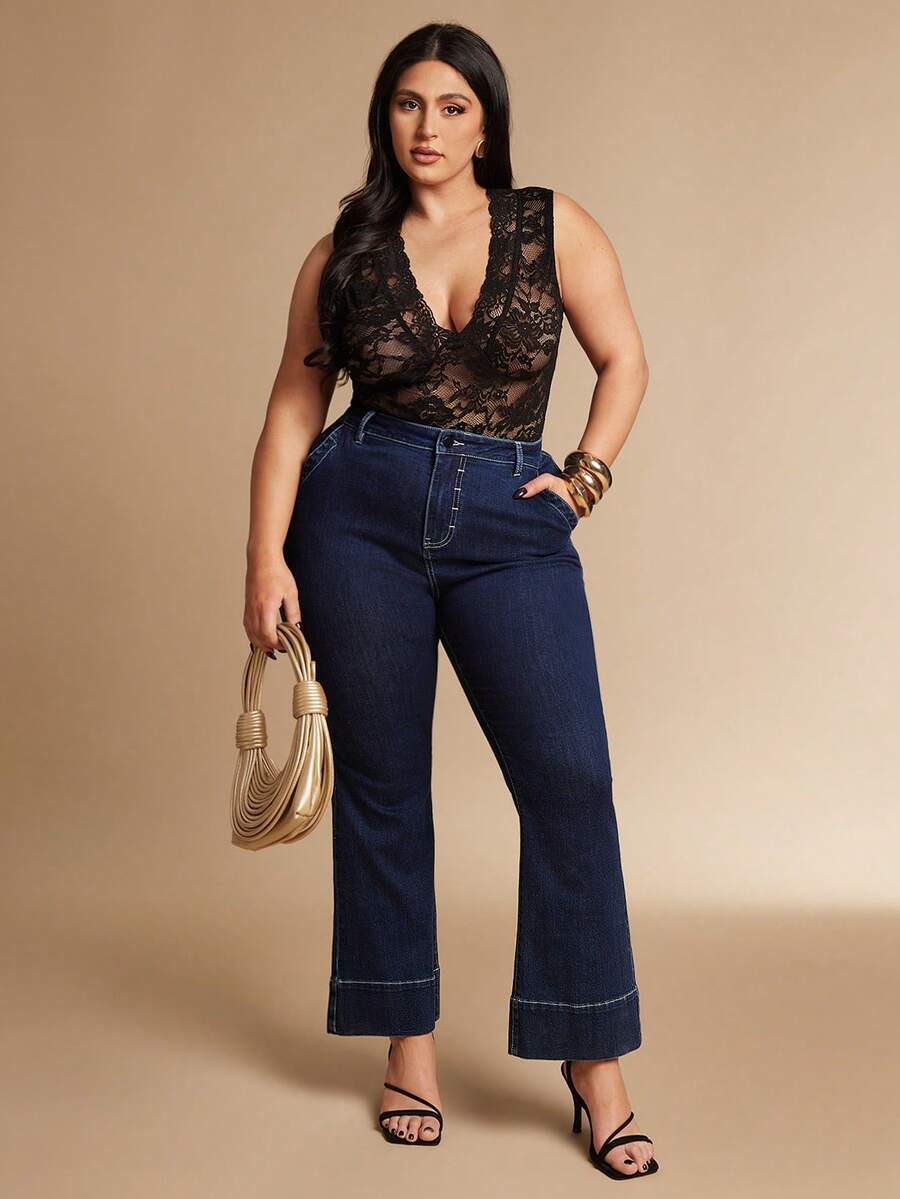SHEIN BAE Plus Size Women's Black Lace Semi-Sheer Bodysuit, Classy Deep ...