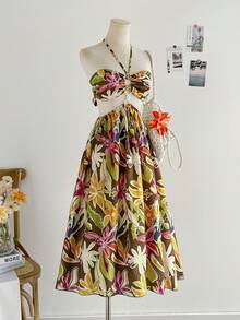 Soleia Women's Floral Print Backless Halter Dress, Vacation Style - Multicolor - View 3