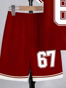 2pcs/Set Tween Boys' Casual Creative Graphic 67 Striped Red & White T-Shirt And Shorts Set, Comfortable Daily Wear For Spring, Summer & Autumn - Multicolor - View 6