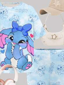 2pcs Tween Girls' Casual Cute Cartoon Rabbit & Stitch Print Round Neck Short Sleeve T-Shirt And Tie-Dye Bike Shorts Set,Aqua Blue Summer Daily Wear - Multicolor - View 6