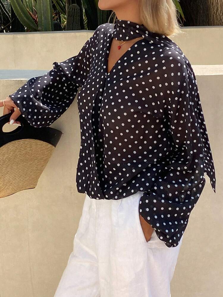Women's Summer Chiffon Tie Neck Long Sleeve Polka Dot Semi-Sheer Blouse
