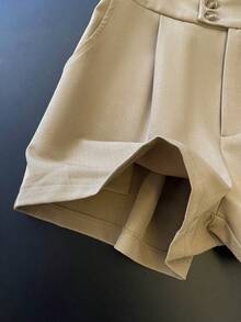 Lyxana New Arrival Summer Elegant Pocket Asymmetrical Waist Button Decor Women Shorts - Apricot - View 5