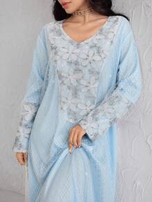 Al Najma Mesh Jacquard Patchwork Elegant Loose Long Sleeve Dress For Women - Multicolor - View 2