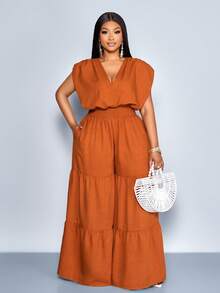 SOLERSUN Burnt Orange Plus Size Women's Summer Elegant Vacation Jumpsuit,Cotton Linen Blend V-Neck Sleeveless Ruched Cinched Waist Pocket Paneled Outfits - Rust Brown - View 6