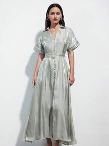 Aveloria Modichic 新款时尚度假休闲美人鱼肌肉浪漫飘逸闪亮纽扣装饰系带V领短袖连衣裙 - 綠色 - 查看 1