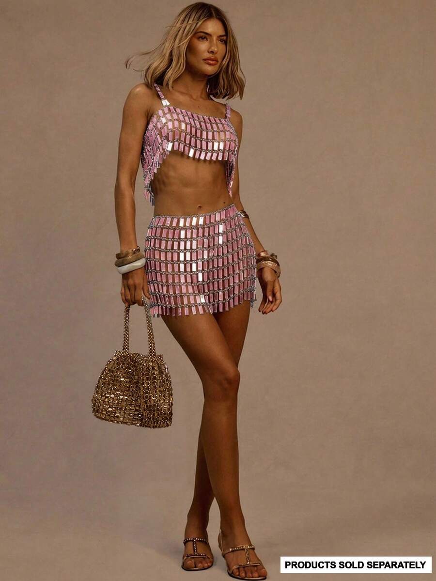 MUSERA Chain Mirrored Mini Panel Mini Fastening Skirt Ibiza, Holiday, Summer, Vacation, Beach Birthday Party Sparkly - Pink - View 1