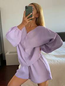 DAZY Summer Casual Loose Women Pajama Set - Purple - View 6