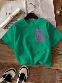 SHEIN LUNE Camiseta de mujer, camiseta gráfica de manga corta de estilo casual de calle, linda blusa de verano - Verde - Ver 2