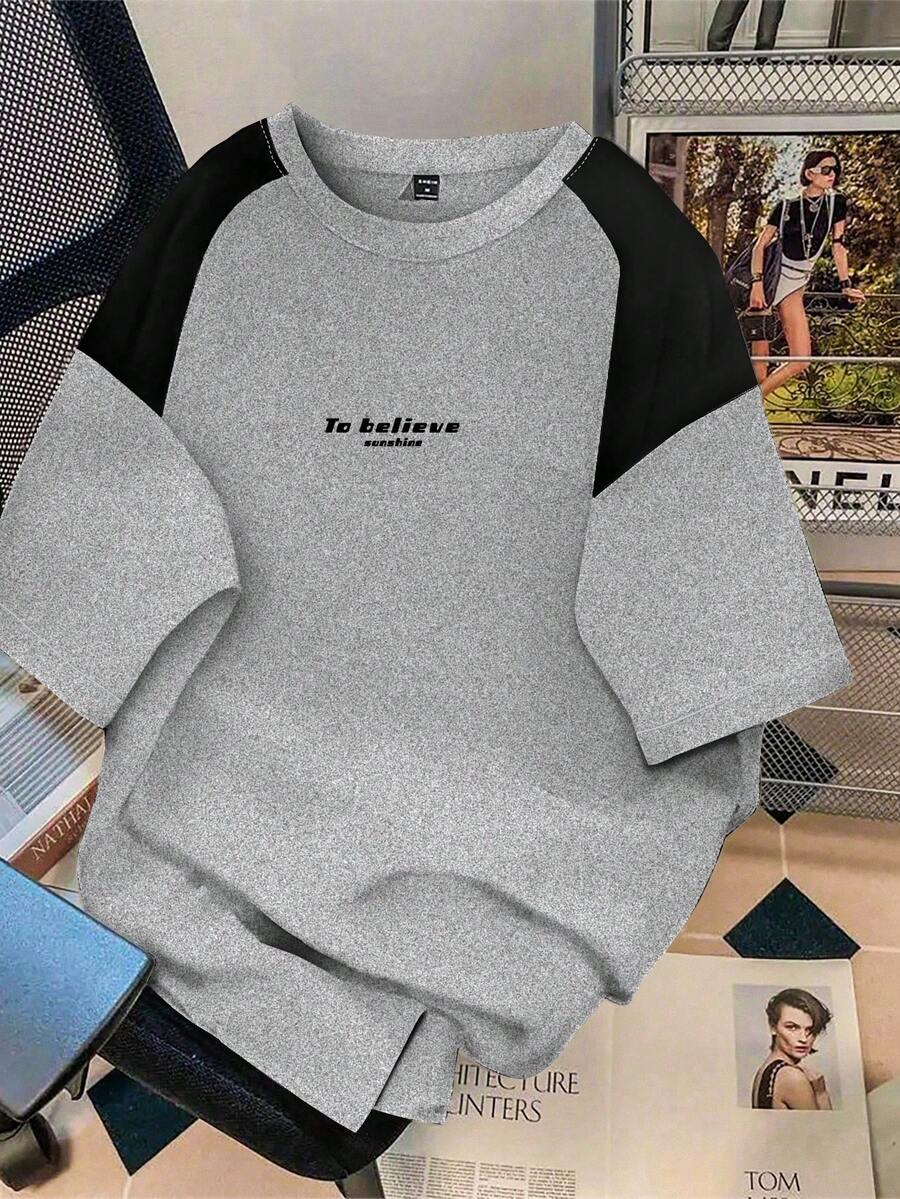 Manfinity Hypemode Camiseta de manga corta casual con bloques de color para hombre, verano - Gris Claro - View 1