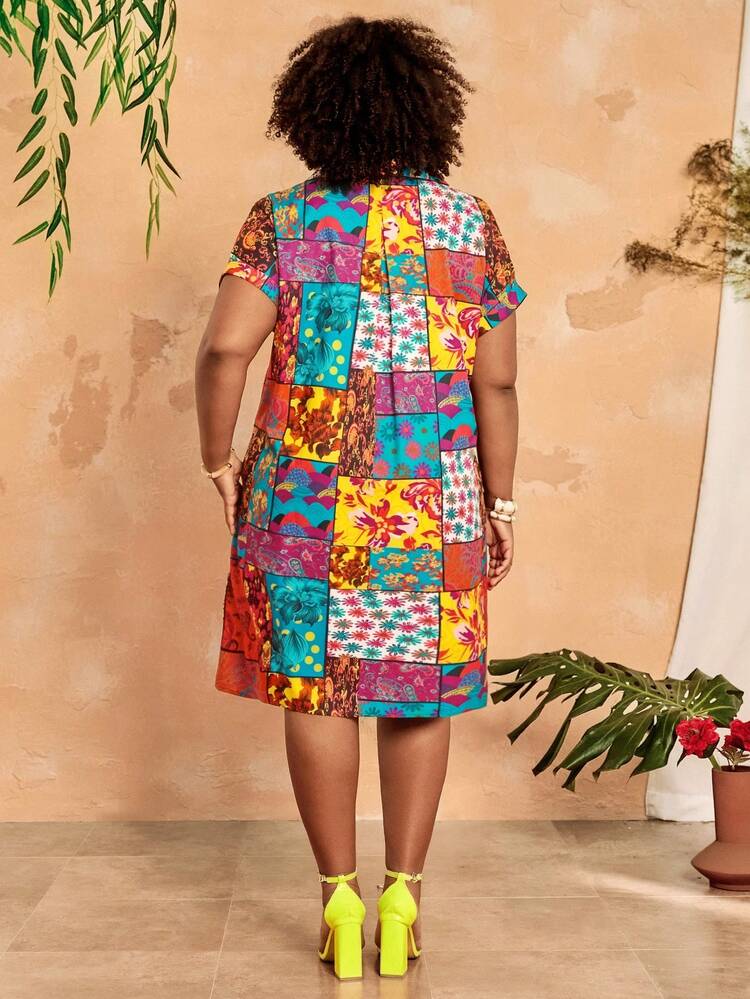 Plus Size Women Floral Print Casual Vacation Shirt Dress Patchwork Dress For Women Women's Plus Size Dresses Plus Size Summer Dresses With Pockets Plus Size Spring Clothes Plus Size Resort Wear Colourful Dresses For Women Bubu Dresses For Women African Clothes For Women Pilipiniana Dress For Women