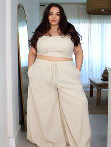 Pretty and Ole 2025 Spring & Summer Resort Casual Khaki Fish Bone Strap Top And Wide Leg Pants Pocketed 2 Pieces Set, Textured Fabric, Women Plus Size Suit - Khaki - View 6