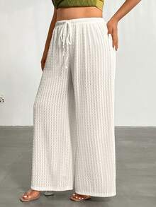 Firerie Plus Size Casual Solid Color Wide Leg Pants - Apricot - View 5