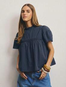 Aralina Women's Solid Color Frill Trim Casual Versatile Commuting Short Sleeve Shirt - Navy Blue - View 7