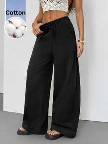 SHEIN Tall Quần nữ mùa hè/mọi mùa, phong cách đồng quê, đi xem hòa nhạc, đi biển, boho, tối giản, chất liệu 100% cotton, ống quần cong. - màu đen - Xem 8