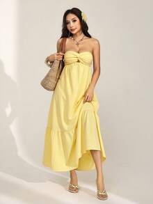 SHEIN PETITE Bohemian Style Long Strapless Dress, Sunflower Yellow Color, Spring/Summer,Butter Yellow Dress ,Petite Women - Yellow - View 5