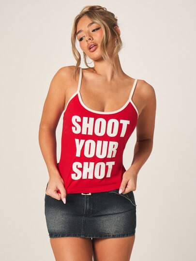 MISSGUIDED Áo tank top nữ màu đỏ trắng in họa tiết, khẩu hiệu "Shoot Your Shot", không tay, kiểu dáng thường ngày, thích hợp mặc mùa hè.
