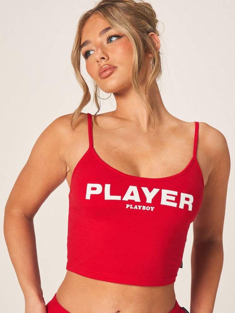 Missguided x Playboy 축구 슬로건 캐미 탑과 부티 쇼츠 코디 세트 캐주얼 여름 의상 레드 매칭 캐미솔 탱크