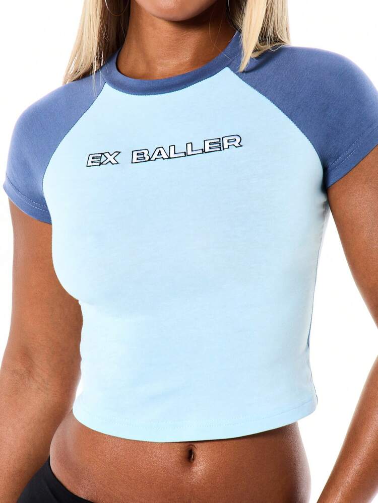 SUMWON WOMEN Ex Baller Contrast Raglan Sleeve Short Sleeve Crop Top With Statement Text Print