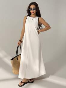 SHEIN PETITE Women's Casual Loose Sleeveless Round Neck Long Dress Summer Casual - Apricot - View 3