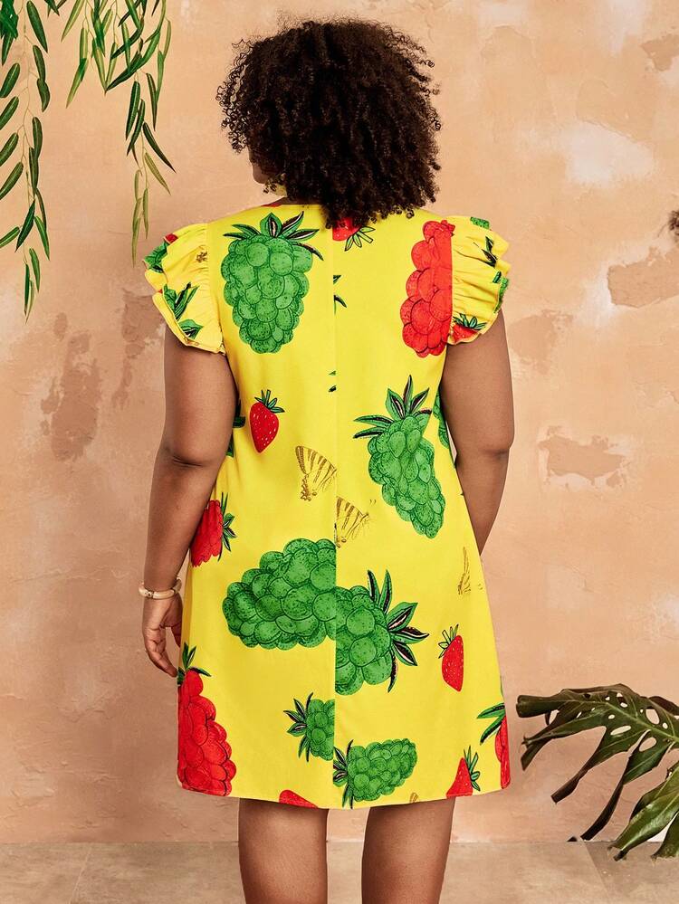 Plus Size Women Fruit Print Casual Vacation Daily Wear Dress Women's Plus Size Dresses Fruit Dress Women Plus Size Strawberry Women's Summer Dresses Casual Women Dress For Summer Yellow Fruit Print Dress