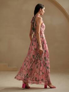 Anewsta Petite Women's Spring Pleated Fabric Halter Neck Tie Dress, Romantic Date Wear - Pink - View 2