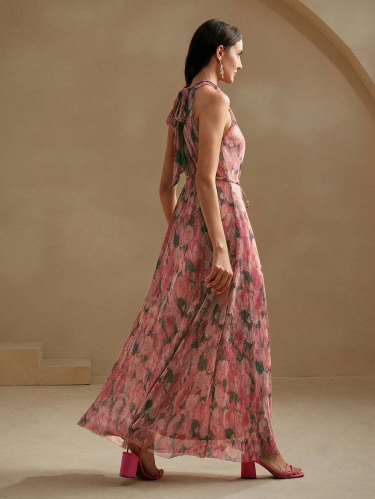 Women's Elegant Romantic Pleated Floral Print Halter Maxi Dress With Bowknot, Suitable For Spring/Summer Wedding, Party, Holiday, Vacation
