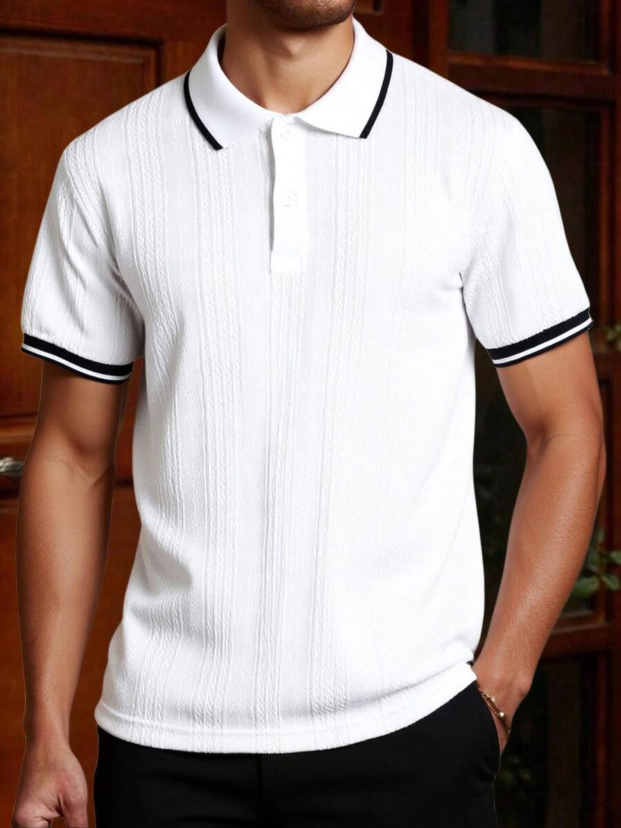 1 chiếc áo polo dệt kim họa tiết cáp màu trắng tối giản dành cho thanh thiếu niên, có cổ, tay ngắn, dáng regular fit, phong cách thường ngày, đa năng, thích hợp cho đi làm. - trắng - Xem 1