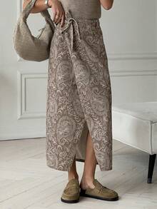 Livesso Spring & Summer Botanical Floral & Geometric Print Bohemian Casual Vacation Style Twist Tie Waist A-Line Denim Skirt - Brown - View 2