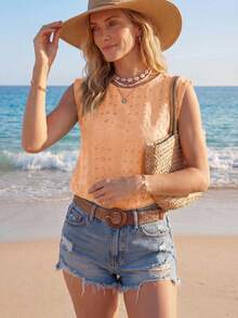 SHEIN LUNE 女士镂空刺绣短袖圆领休闲T恤沙滩上衣夏季上衣女士贝壳上衣针织上衣镂空上衣女士夏季上衣女士度假沙滩装扮女士夏季上衣 - 珊瑚橙 - 查看 4